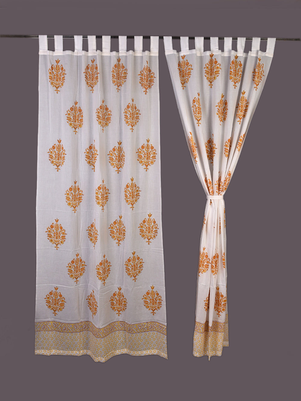 Hand Block Printed Yellow Mughal Boota Cotton Curtain Set