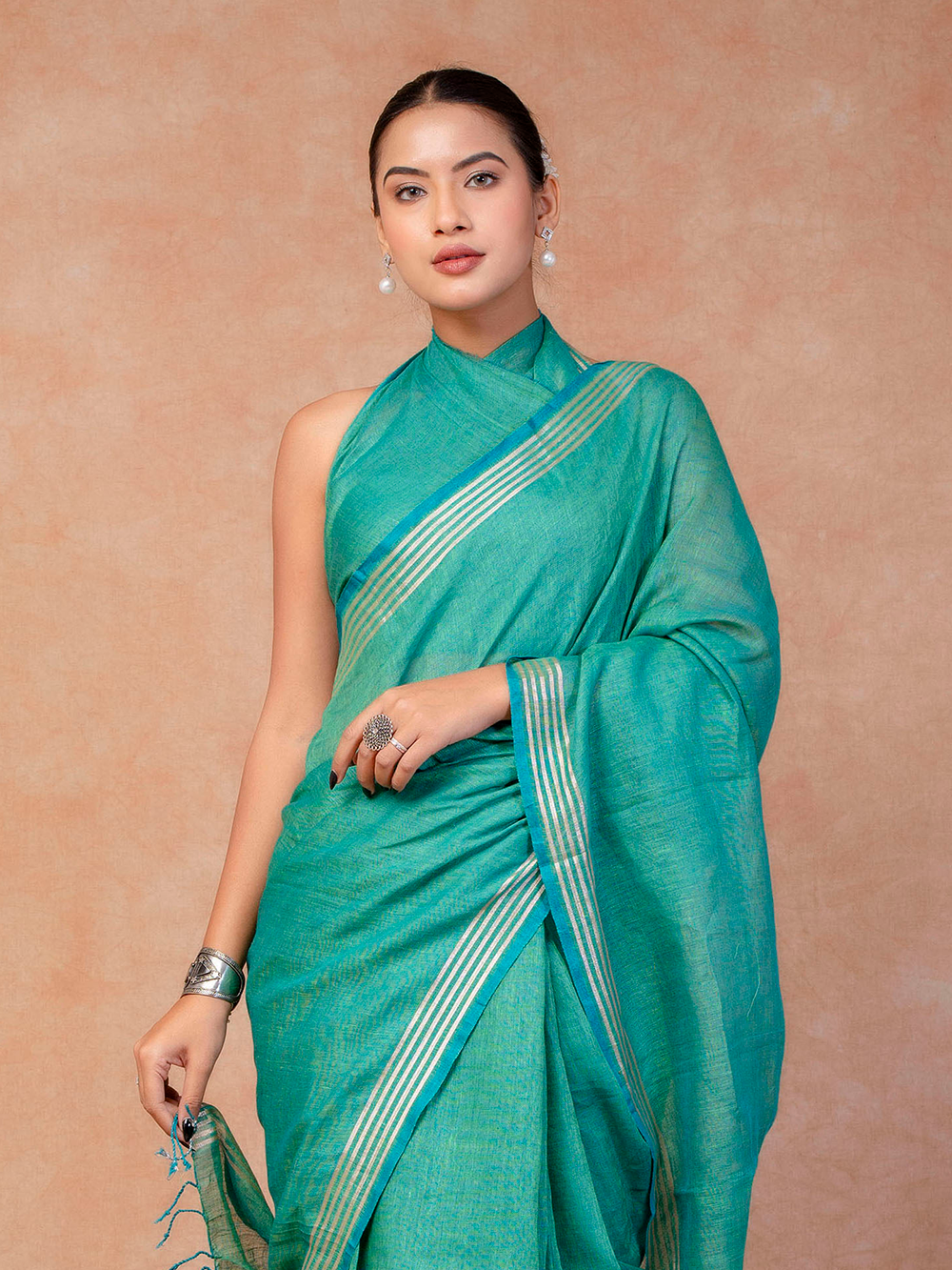 Turquoise Cross Dyed Pure Linen Saree with Blouse