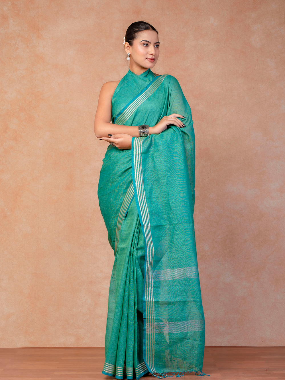 Turquoise Cross Dyed Pure Linen Saree with Blouse