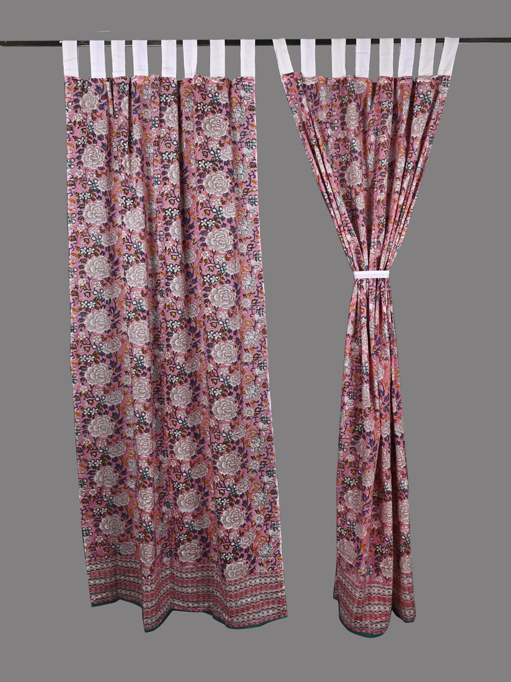 Hand Block Printed Pink Chintz Cotton Curtain Set