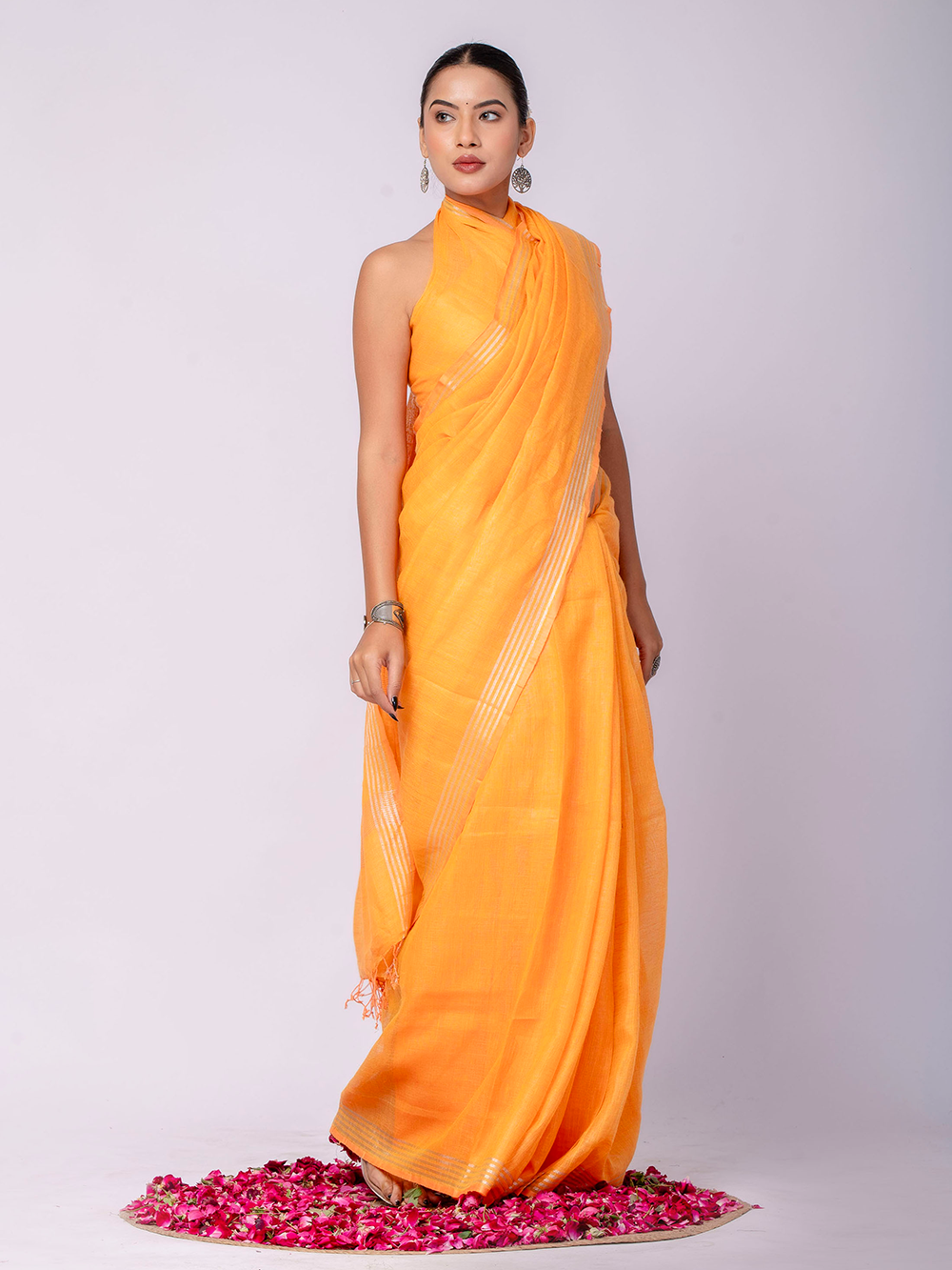 Sunflower Yellow Cross Dyed Pure Linen Saree with Blouse