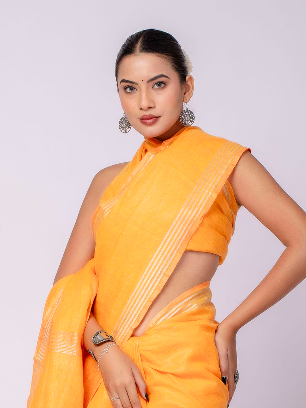 Sunflower Yellow Cross Dyed Pure Linen Saree with Blouse