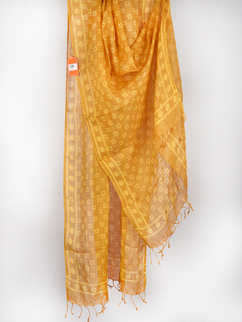 Yellow Chowk Hand Printed Pure Linen Dupatta