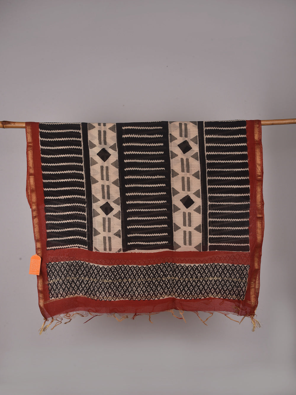 Black Geometric Hand Block Printed Silk Cotton Chanderi Dupatta