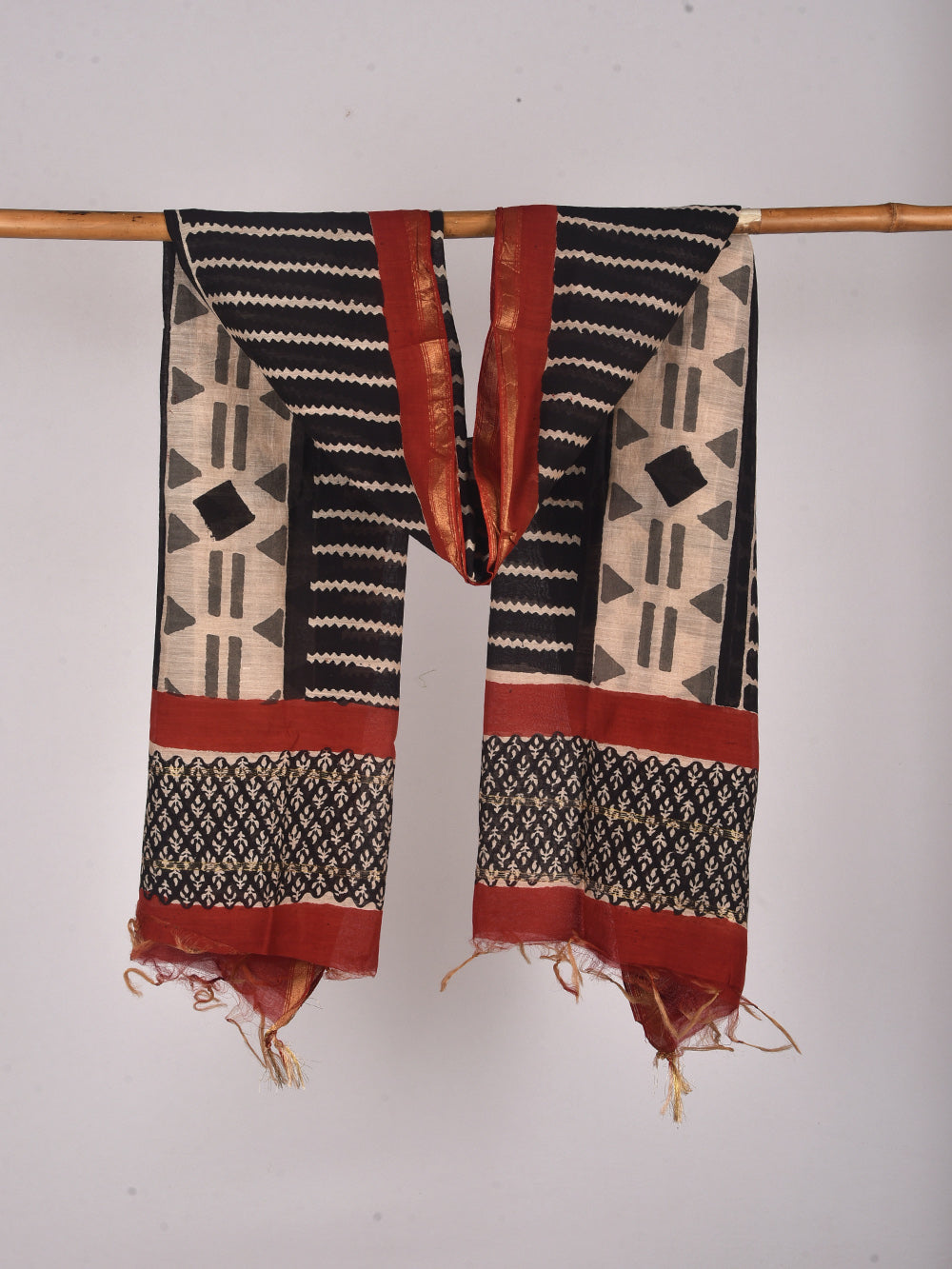 Black Geometric Hand Block Printed Silk Cotton Chanderi Dupatta