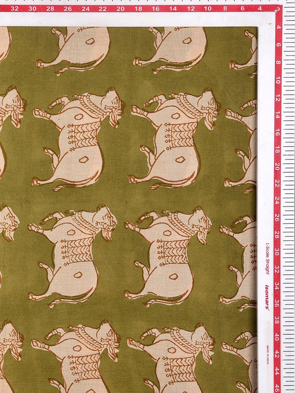 Green Bagru Nandi Pattern Cotton Cambric Fabric