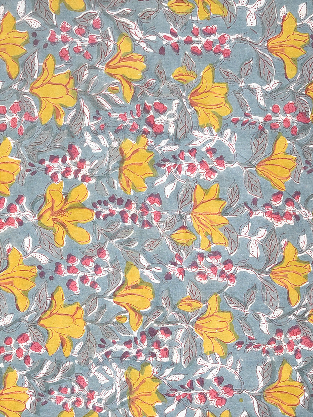 Sea Green & Yellow Outline Tulip Flower Forage Pattern Cotton Cambric Rapid Sanganeri Fabric
