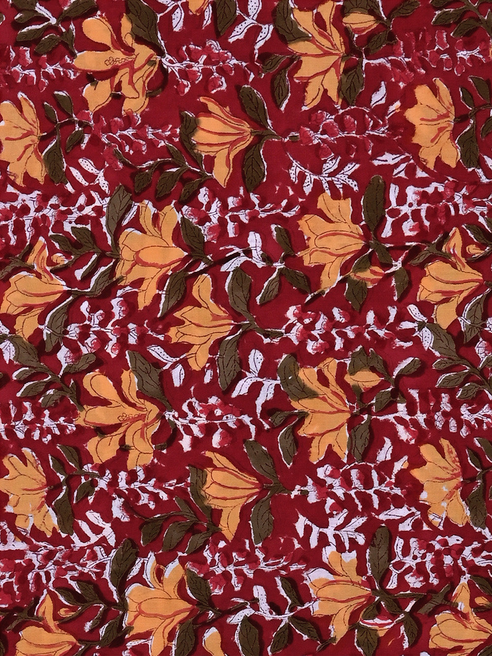 Red Base Yellow Lily Flower Outline Cotton Cambric Sanganeri Rapid Fabric