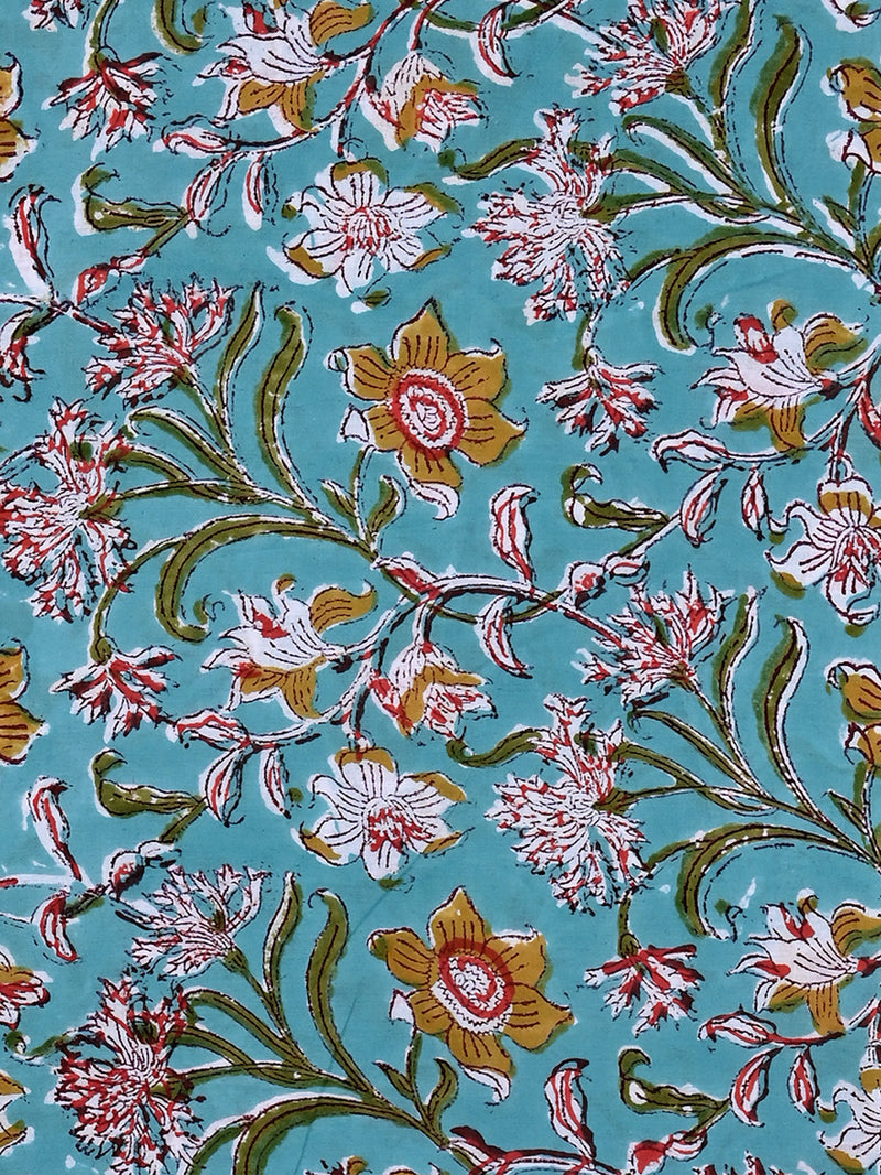 Peach Anokhi Flower Booti Motif Cotton Cambric Sanganeri Hand Block Printed Fabric
