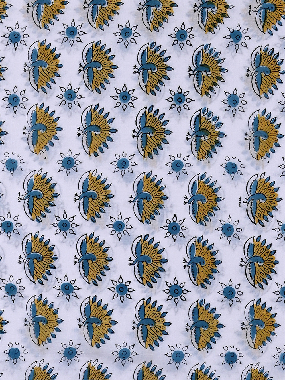 Blue - Ochre Yellow Peacock Pattern Rapid Cotton Cambric Fabrics