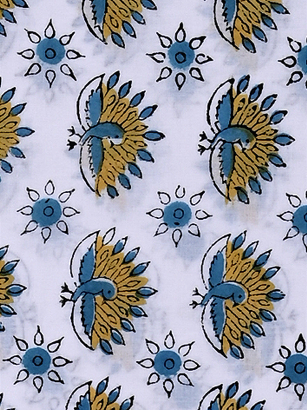 Blue - Ochre Yellow Peacock Pattern Rapid Cotton Cambric Fabrics