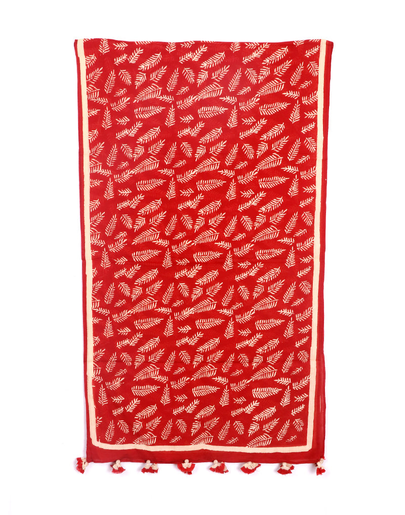Red Long Leaf Cotton Voile Block Printed Stole