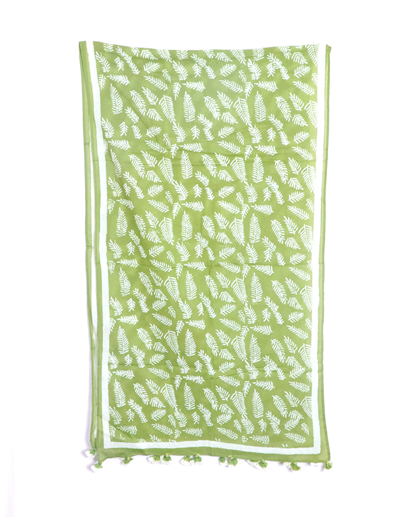 Green Long Leaf Cotton Voile Block Printed Stole