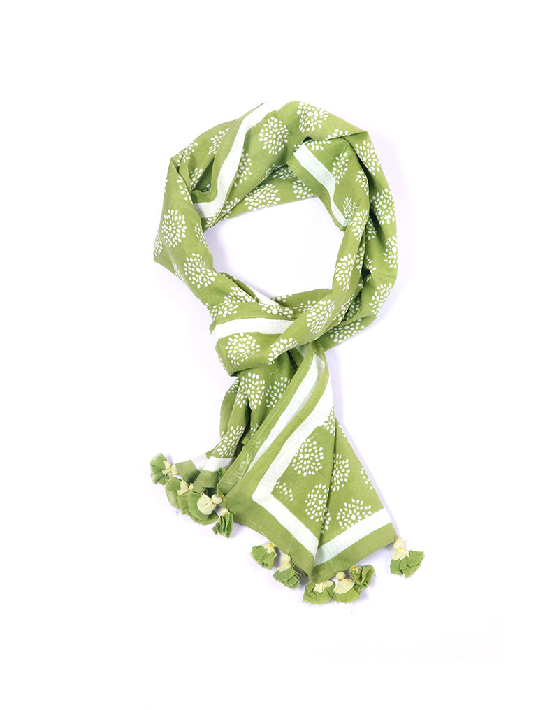 Green Crackle Cotton Voile Block Printed Stole