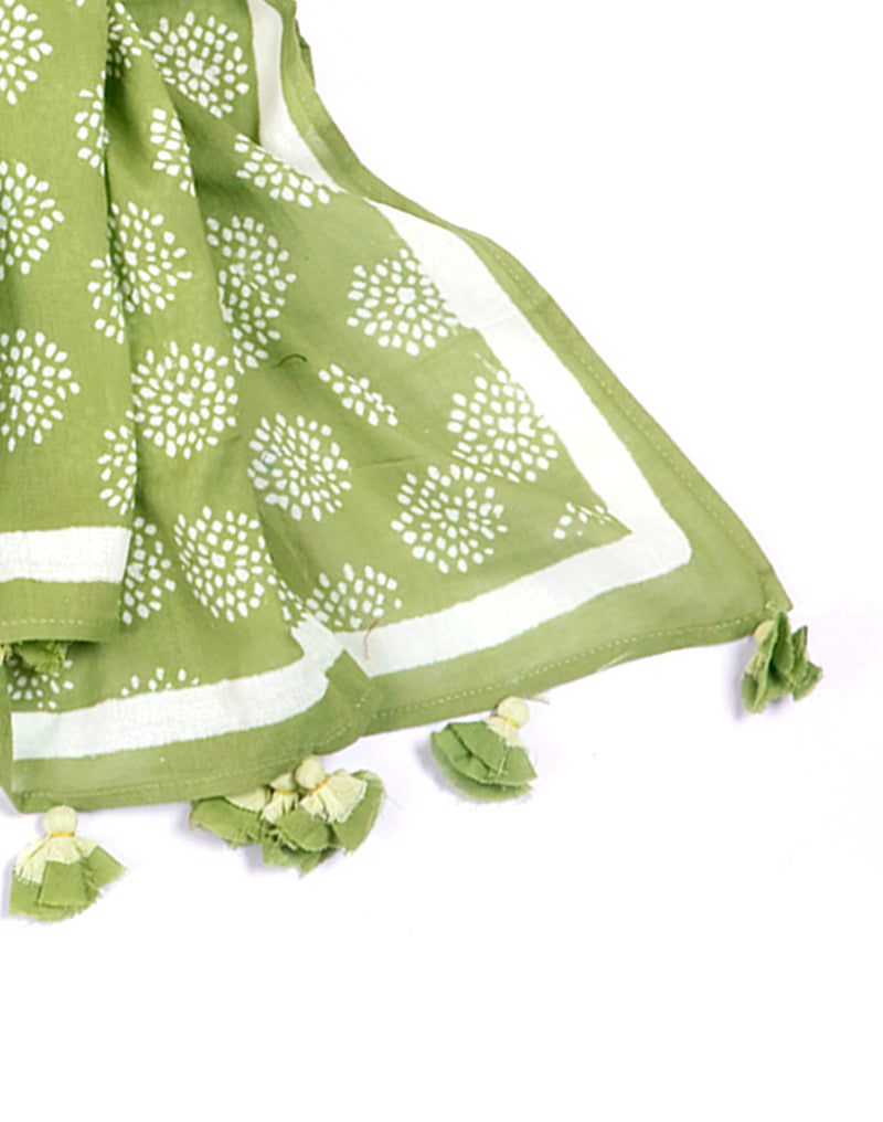 Green Crackle Cotton Voile Block Printed Stole