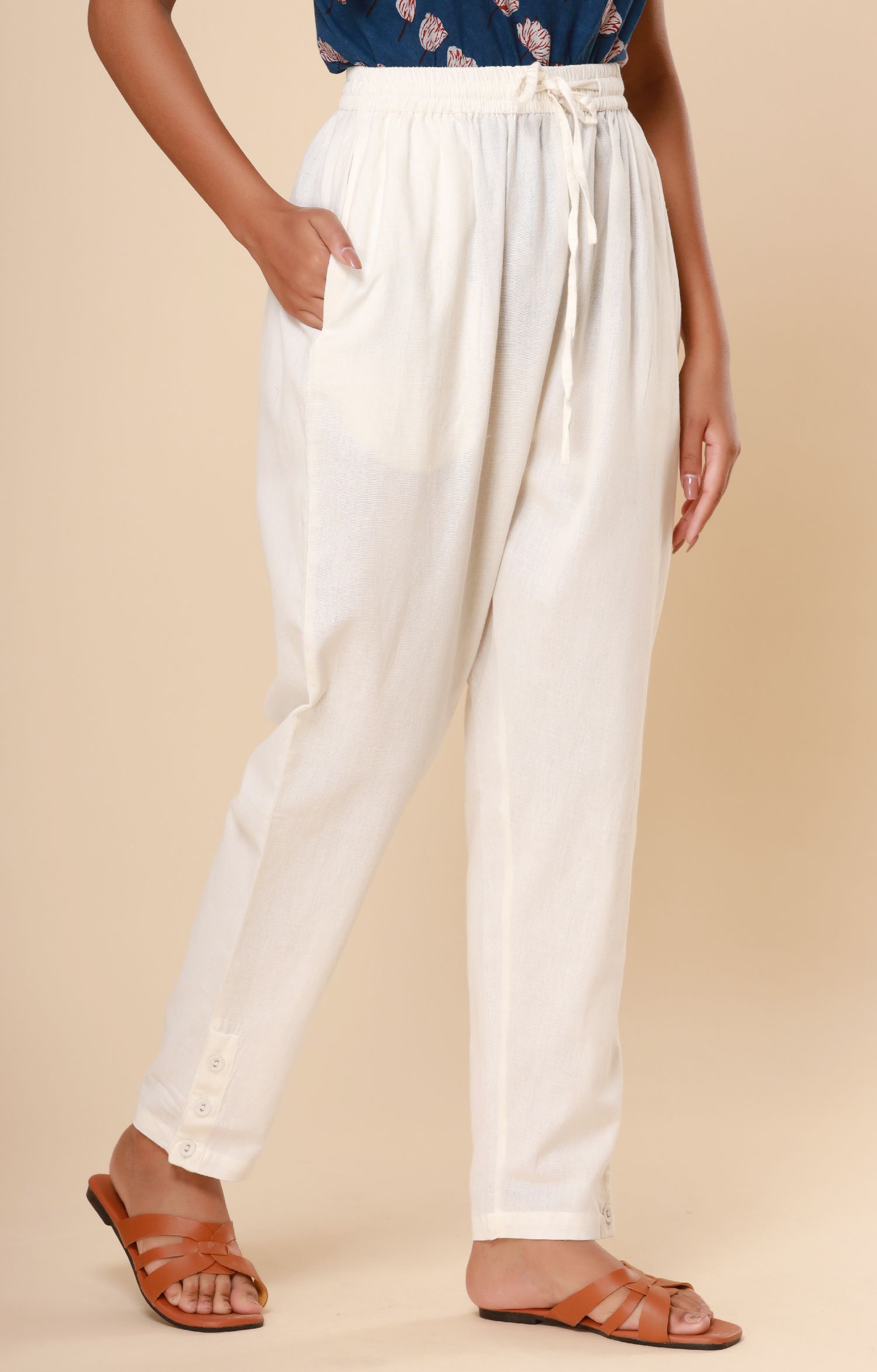 Cream White Cotton Flex Jodhpuri Pants