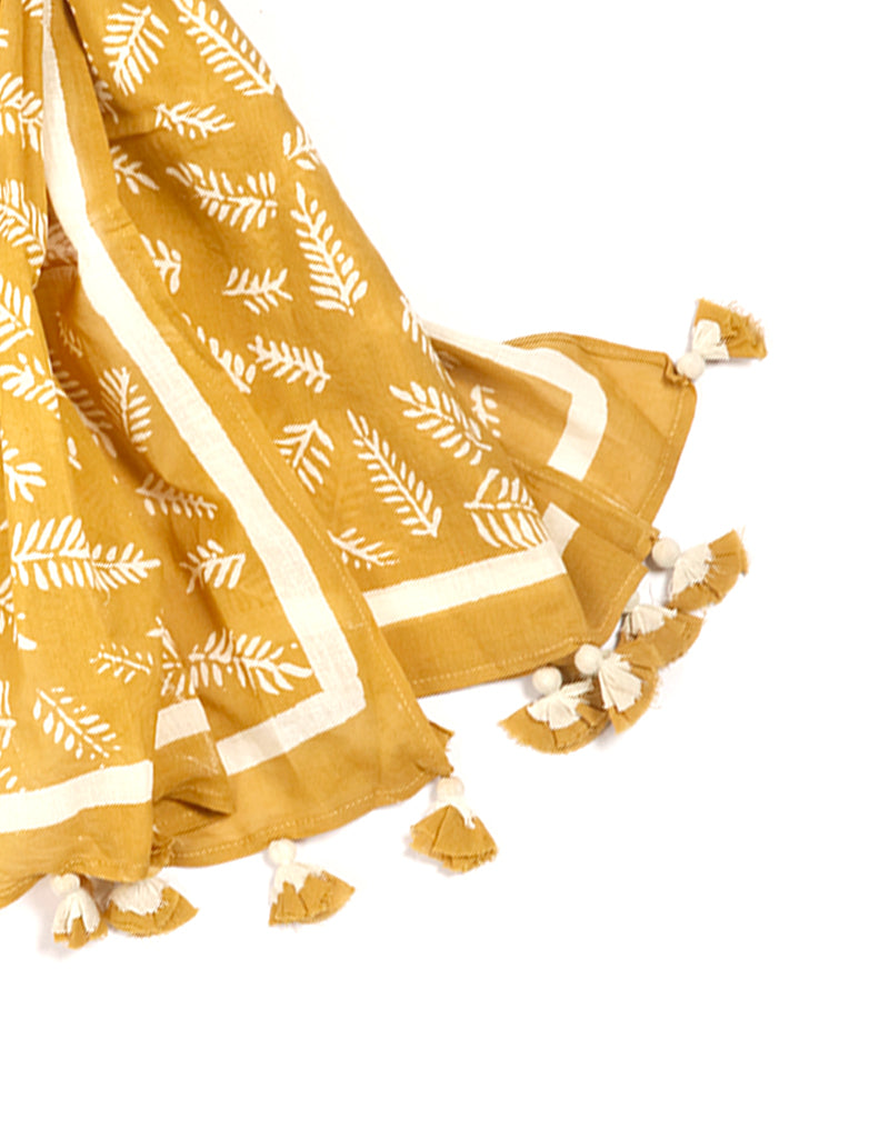 Yellow Long Leaf Cotton Voile Block Printed Stole