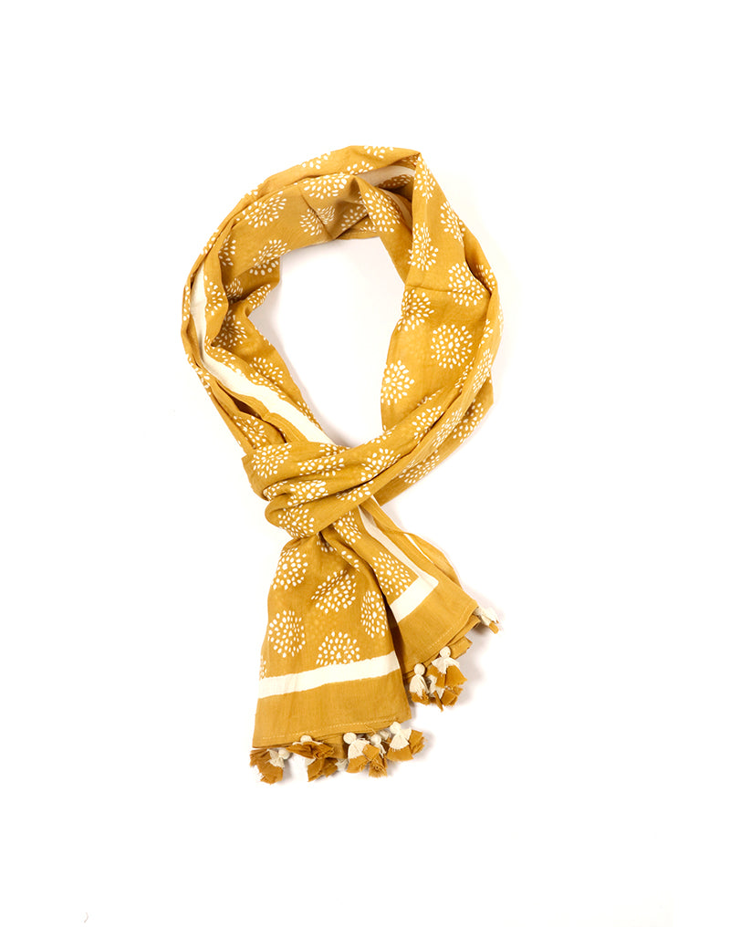 Yellow Crackle Cotton Voile Block Printed Stole