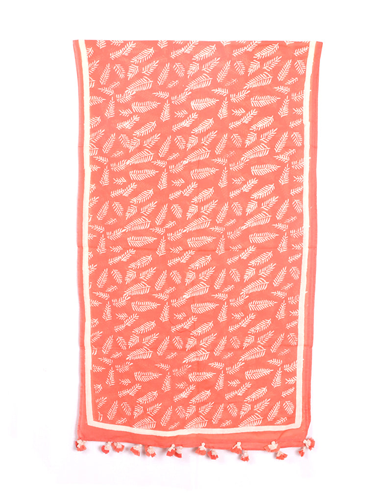 Pink Long Leaf Cotton Voile Block Printed Stole