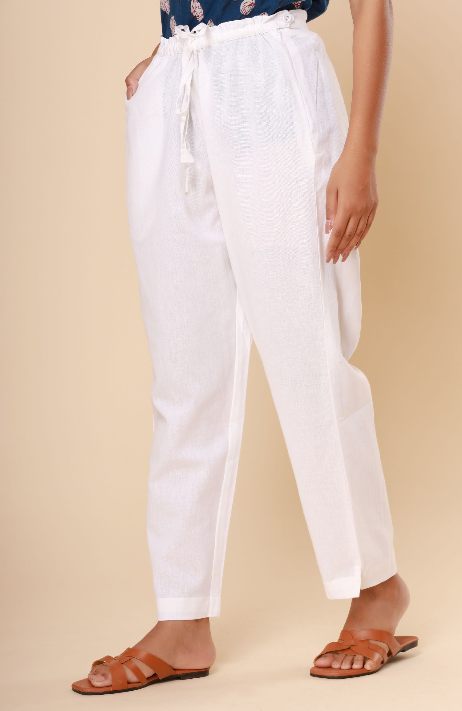 Pure White Cotton Flex Straight Zipper Pants