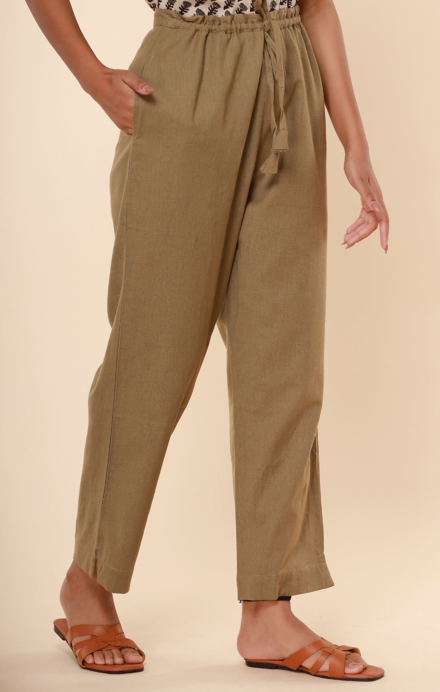 Khaki Cotton Flex Straight Zipper Pants