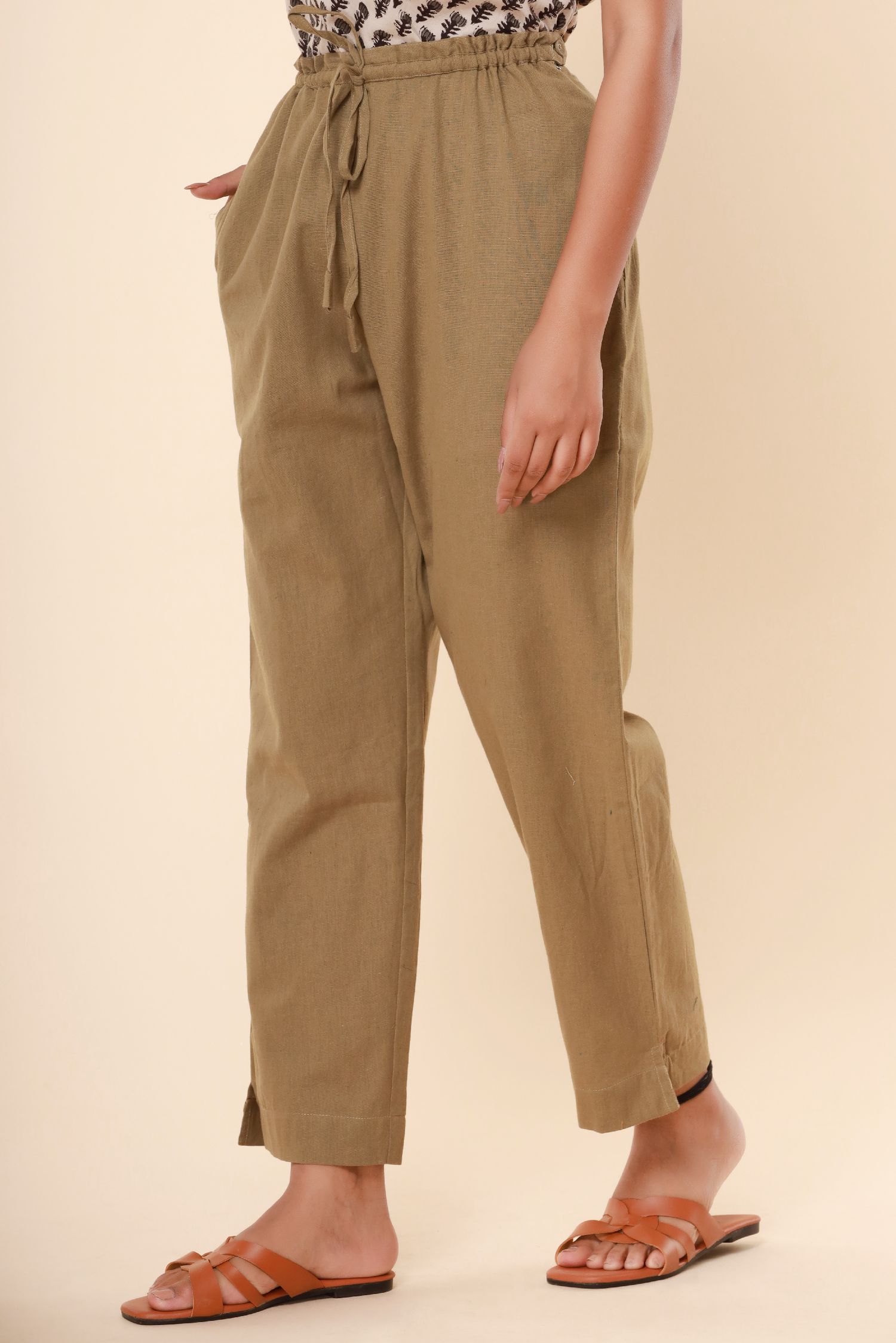 Khaki Cotton Flex Straight Zipper Pants