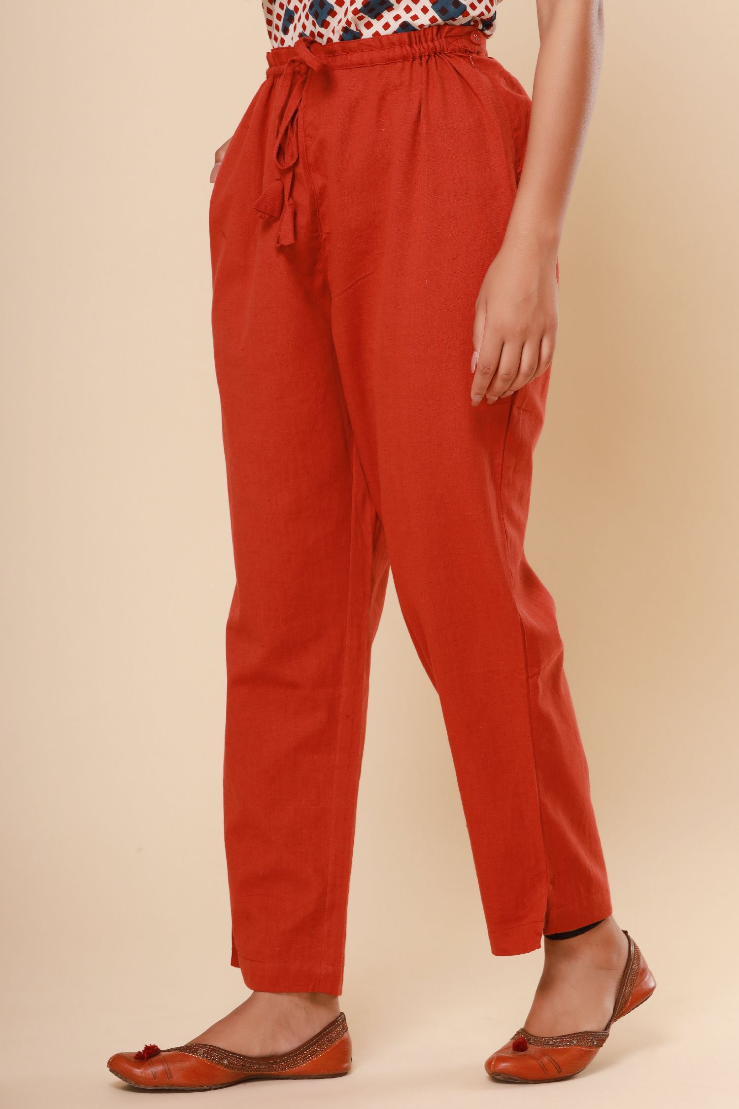 Brick Red Cotton Flex Straight Zipper Pants
