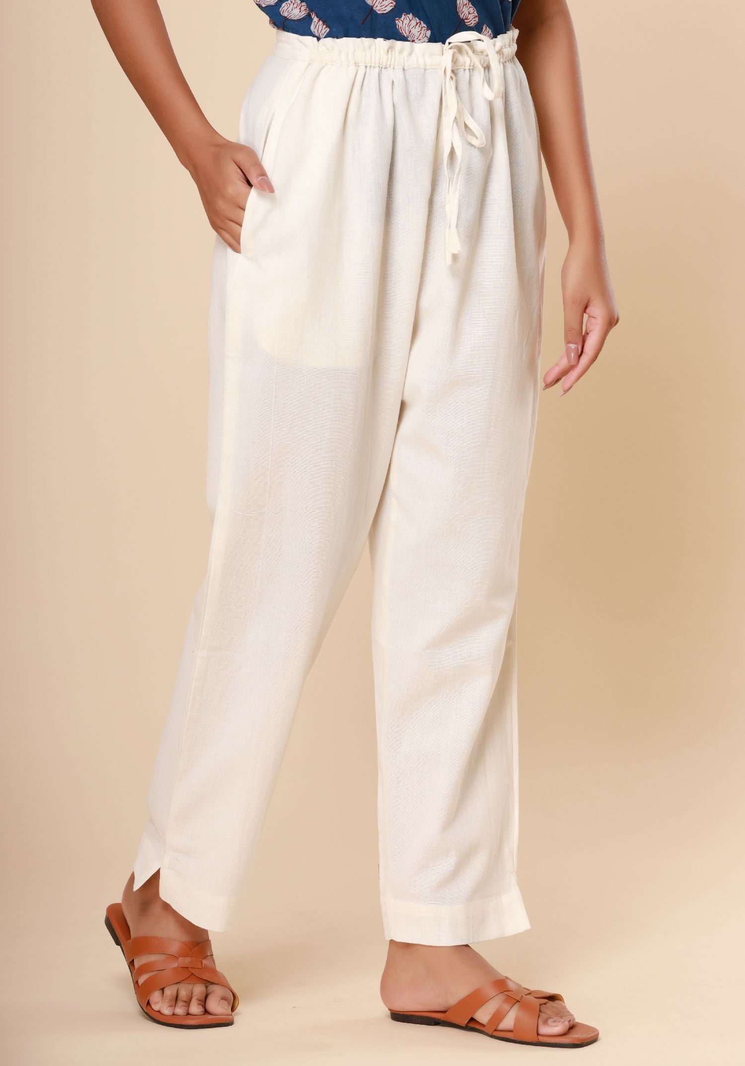 Cream White Cotton Flex Straight Zipper Pants