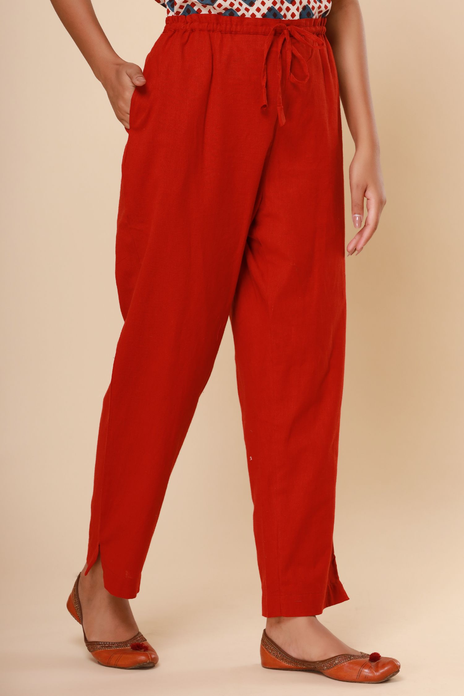 Bagru Red Cotton Flex Straight Zipper Pants