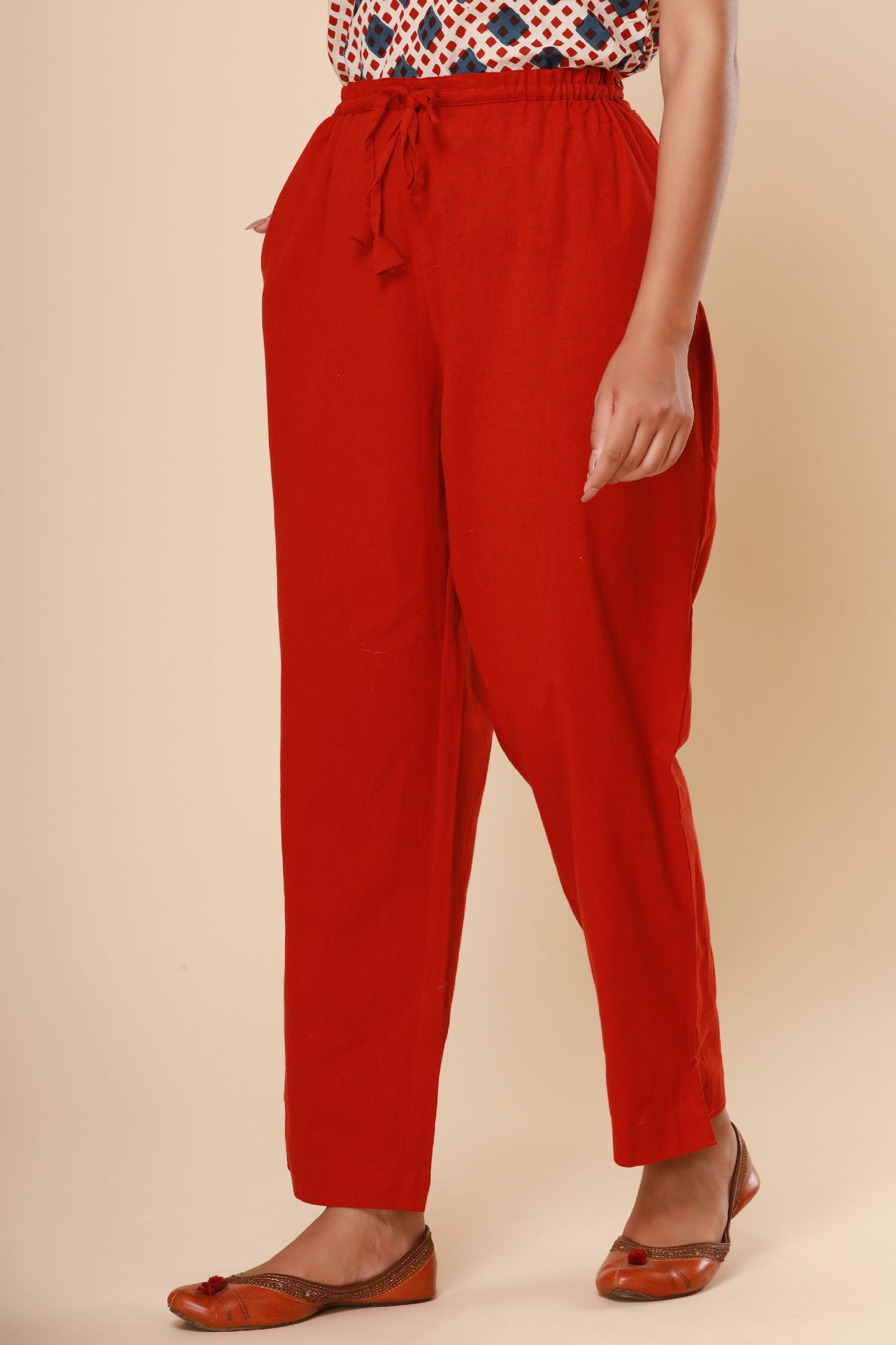Bagru Red Cotton Flex Straight Zipper Pants